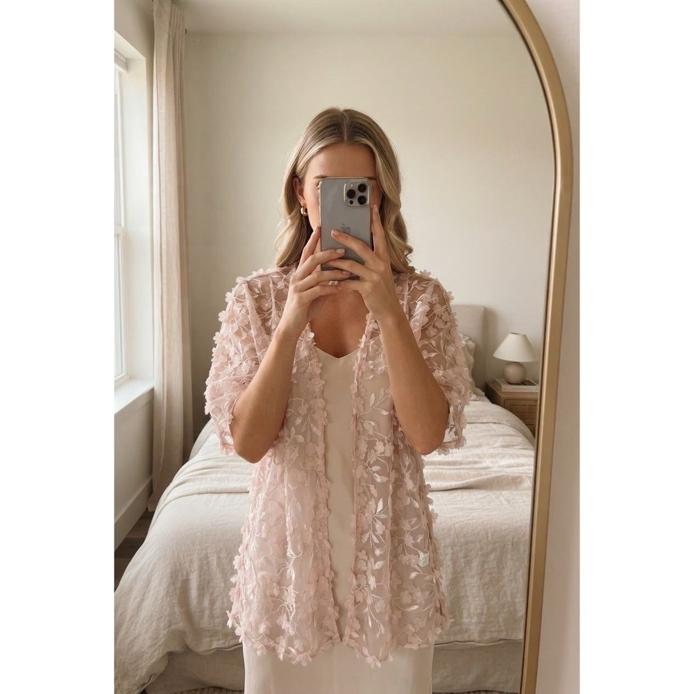 ANNE KLEIN Pink 3D Floral Mesh Kimono Jacket Sheer Open Cardigan Sz L/XL NEW!